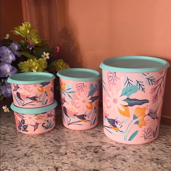 Floral pink Tupperwsre  ir and Teal Storage Canisters - Picture 1 of 5